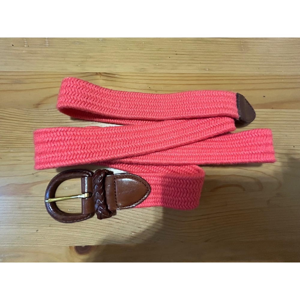 Talbots Coral Woven Braided Belt Brown Leather Trim Large Preppy Classic Bright